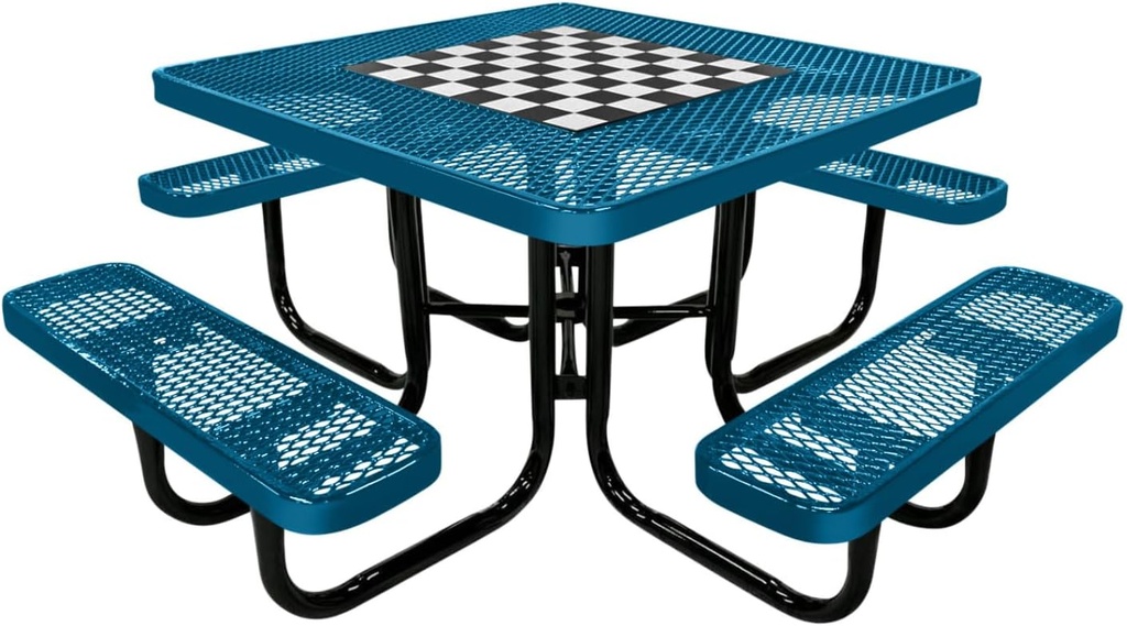 Coated Outdoor Furniture Heavy-Duty Portable Outdoor Picnic Table with Umbrella Hole, Expanded Metal Commercial-Grade Patio Dining Furniture Made in America (46" Square Game-Top, Light Blue)