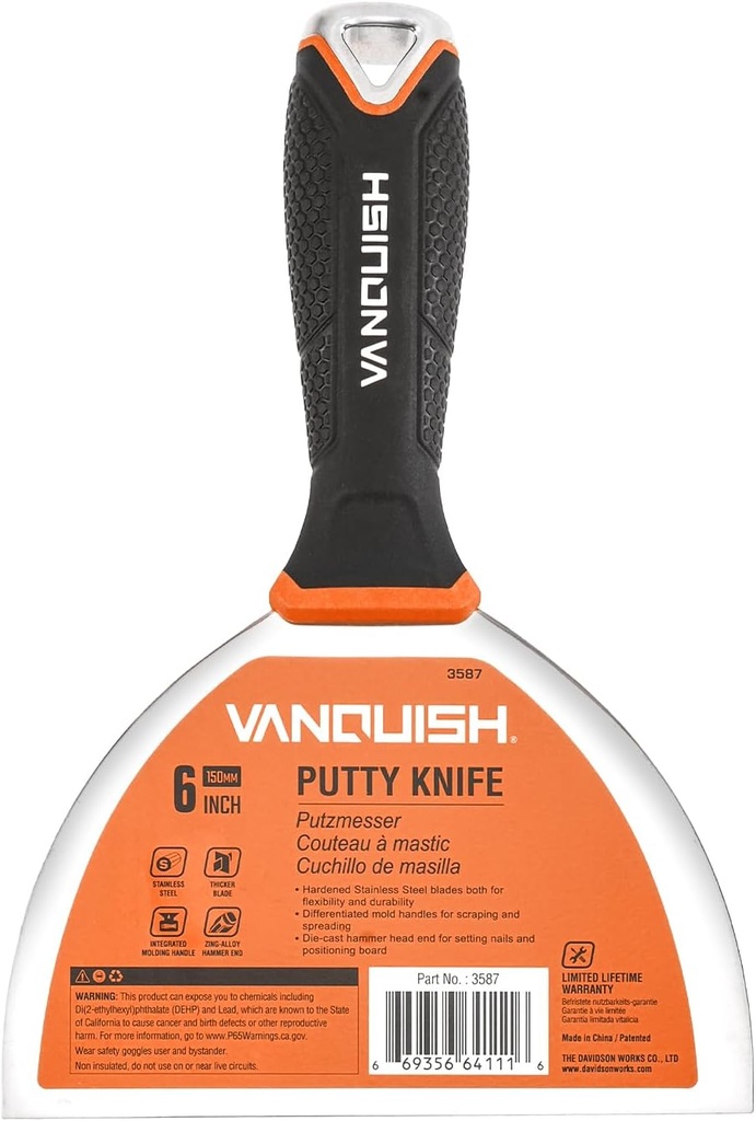 VANQUISH Stainless Steel Putty Knife, 6 Inch Paint Scraper with Soft Grip Handle and Metal Hammer End for Drywall Spackle, Taping, Scraping Paint 3587
