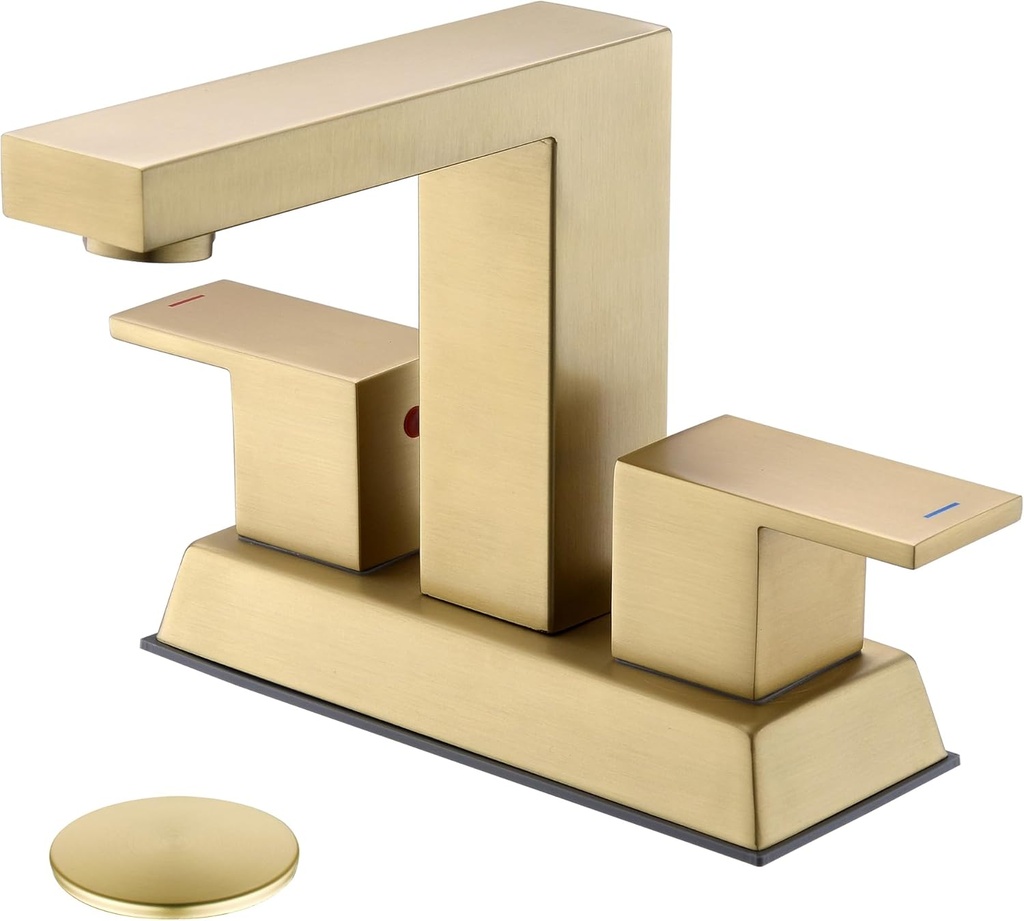 Tohlar Brushed Gold 2 Handle 4 Inch Centerset Bathroom Faucet with Pop Up Drain and 2 Lead-Free Hoses
