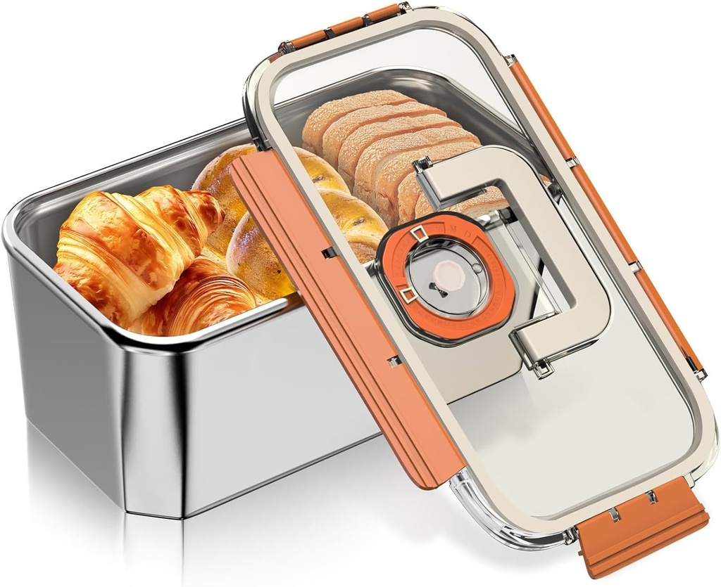 Stainless Steel Bread Box - 304 Metal Loaf Bread Keeper Storage Container Airtight Lid with Handle, Time Recording Breadbox for Kitchen Countertop Homemade Rolls, Bagels and Pastries