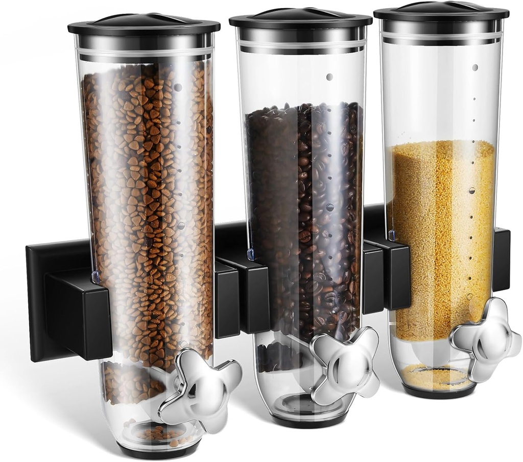 Umigy 1 Pcs Candy Dispenser Wall Mounted, Triple Dry Cereal Grain Dispenser Machine Wall Mount, Food Storage Container for Pantry Snack with 3 Cup for Kitchen, 39 oz (Black)