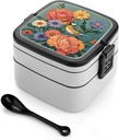 Colorful Flowers And Bird Bento Box Double Layer Lunch Box for Adults with Spoon And Handle Stackable Lunchbox Leakproof Lunch Container for Work Picnic Travel