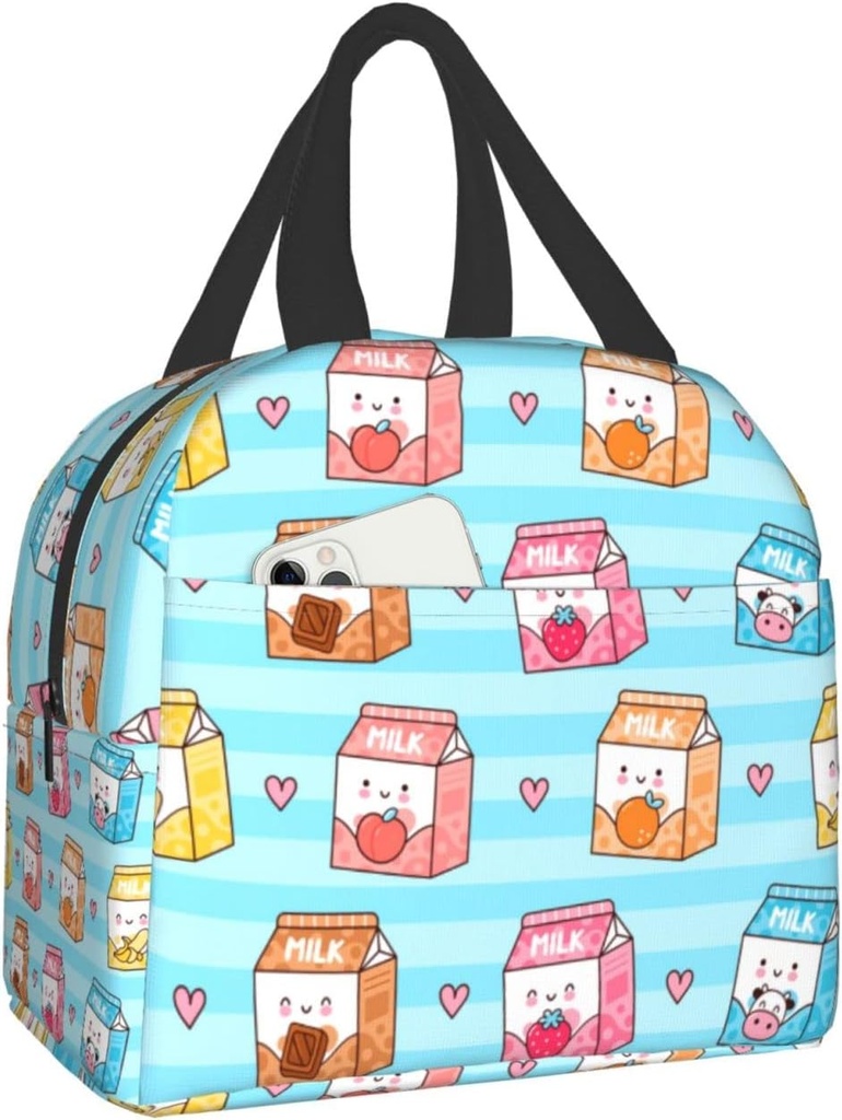 Cute Funny Happy Milk Box and Hearts Print Lunch Box, Kawaii Small Insulation Lunch Bag, Reusable Food Bag Lunch Containers Bags for Women Men