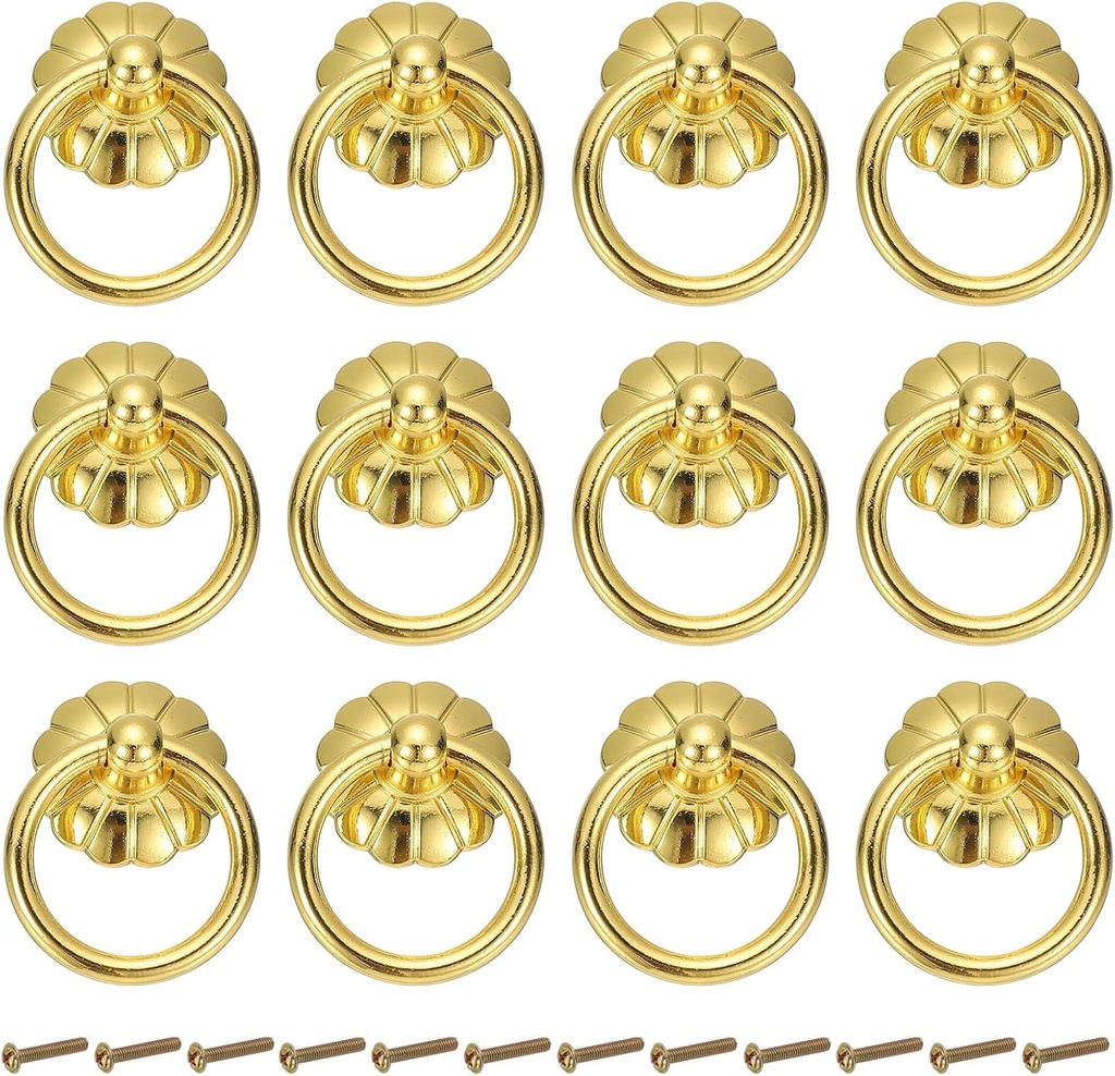 PATIKIL 12Pack Drawer Ring Pull Handles, 1.65" Zinc Alloy Hole Ring Cabinet Knobs with Screws for Cupboard Cabinet Drawer Dresser Closet Door, Gold