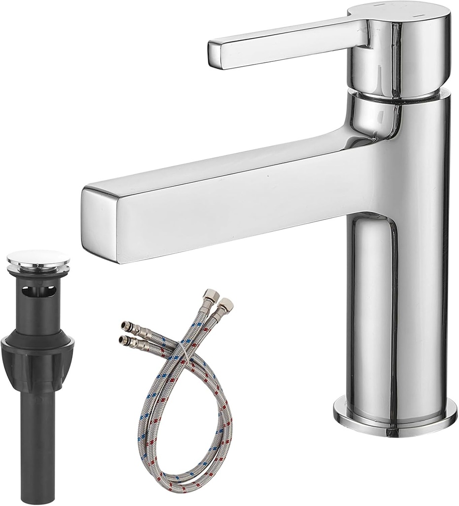 Chrome Bathroom Sink Faucet Single Hole with Pop Up Drain Parts Single Handle Modern Deck Mounted Bath Lavatory Vanity Mixer Tap Commercial Polished