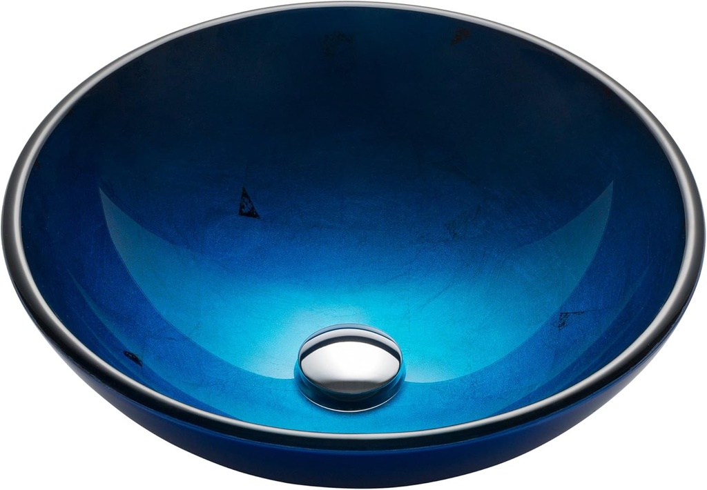 KRAUS Round Blue Glass Vessel Bathroom Sink, 16 1/2 inch GV-204