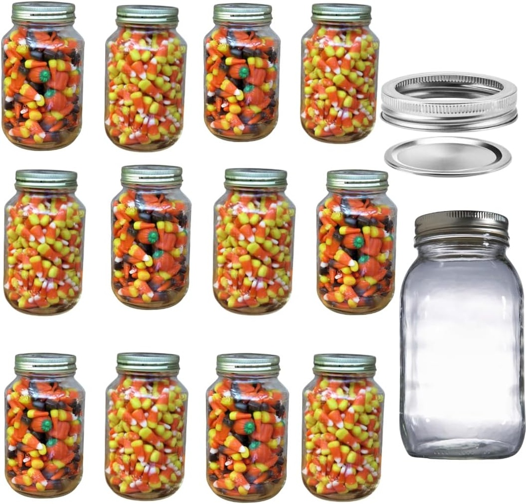 Glass Jars Wide Mouth Glass Mason Jars with Lids, Used for Canning, Pickling, Juice, Jam, Jelly, Salad, Overnight Oats, Fruits, Quart Size 32 Ounce - Pack of 12