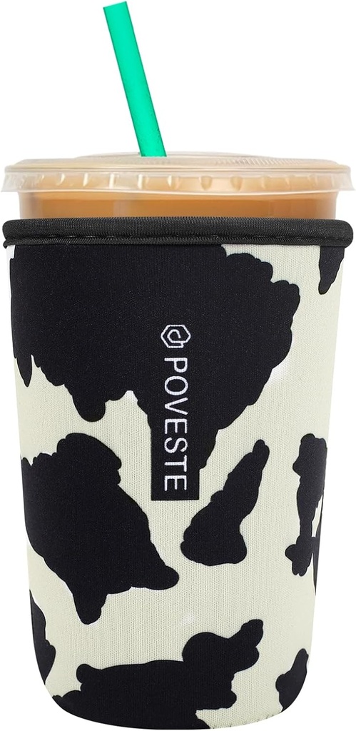 Reusable Neoprene Insulator Sleeve for Iced Coffee & Cold Soda, Coffee Sleeves for Iced & Hot Drinks, Cold Beverage Cooler Compatible with Starbucks, Dunkin (Cow Print, Medium: 22-24oz)