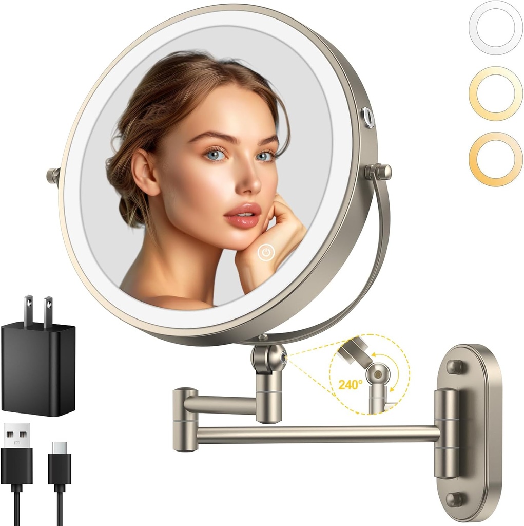 9" Wall Mounted Lighted Makeup Mirror,4000mAh Rechargeable Double Sided 1X/10X Magnifying Mirror with Light,3 Color Lights,Touch Dimmable,Extended Arm 360 Rotation Wall Mounted Makeup Mirror