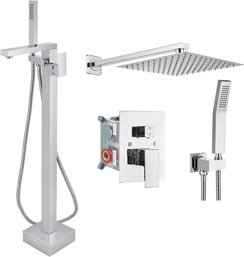 Aolemi Polish Chrome Freestanding Bathtub Faucet Floor Mount Tub Filler Single Handle Brass Tap 10’’ Shower Head Shower Combo Set with Handheld Shower Bathroom Wall Mount Mixer Shower Faucet
