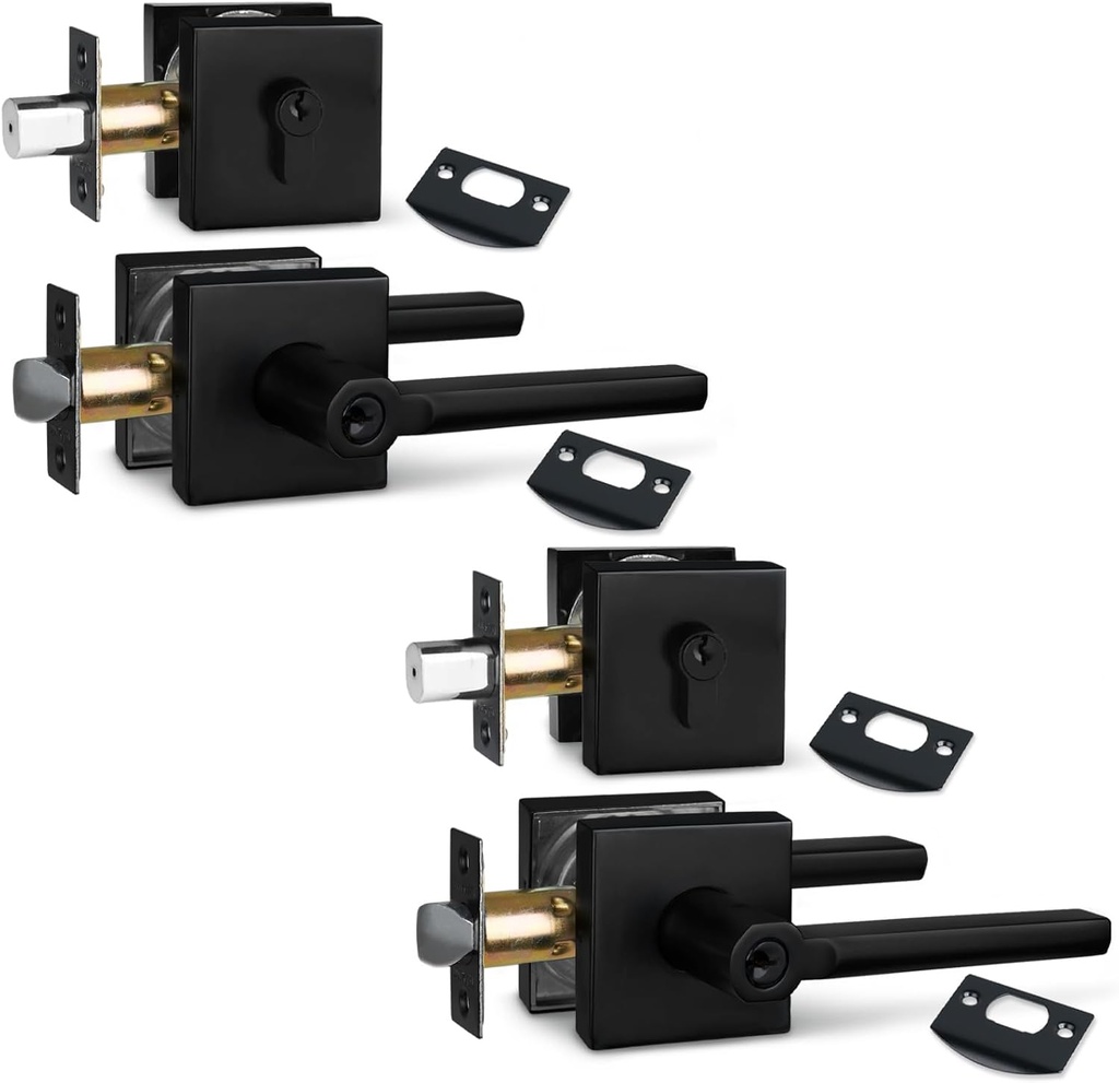 NEWBANG (2Pack Square Heavy Duty Keyed Entry Combo with deadbolt and Lever Door Handle in Matte Black (for Entrance/Exterior/Front/Office Door) Left or Right Handed