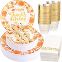 Supernal 175pcs Thanksgiving Plastic Dinnerware Set,Disposable Plates with Gold Plastic Silverware and Cups,Pumpkin and Maple Leaf Design for Thanksgiving Day Party