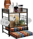 Coffee Station Organizer for Countertop, 2 Tier Coffee Pod Organizer Holds Up To 60 K, Matcha Station, Mug Cup Holder Stand with 6 Hooks, Multifunctional Shelf for Tea Coffee Bar Accessories