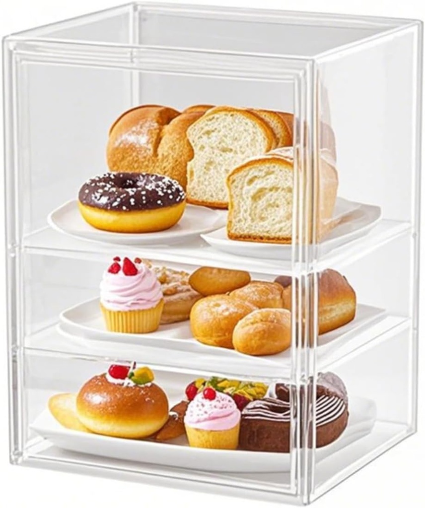 Fully transparent Countertop Bread Box Cake Pastry Display case Acrylic 3 tiers Adjustable Stackable Storage box Dustproof Sealed Box Large capacity Kitchen Dessert shop Bakery