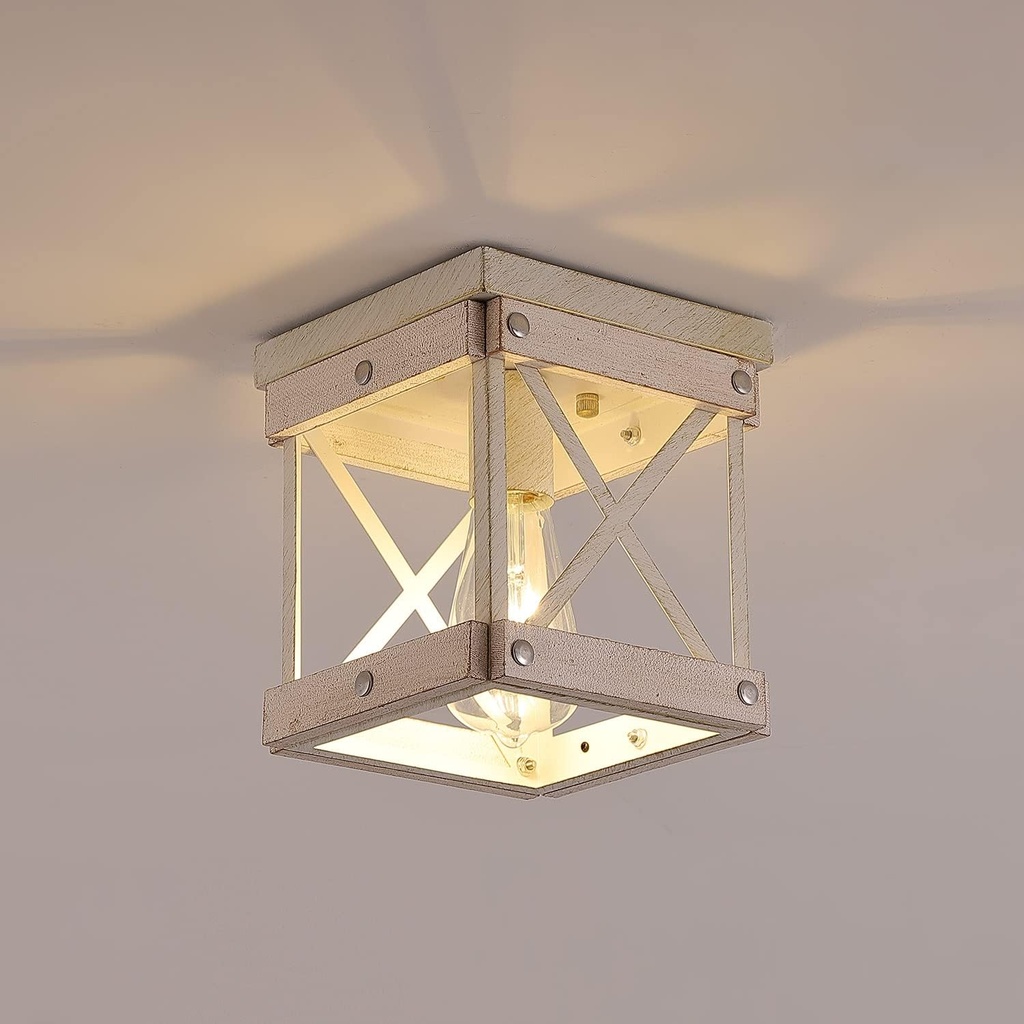 Fivess Lighting Modern Farmhouse Antique White Distressed Flush Mount Ceiling Light 1-Light Metal and Wood Cage Rusitc Mini Semi Flush Mount Light Fixture for Hallway Kitchen Entryway