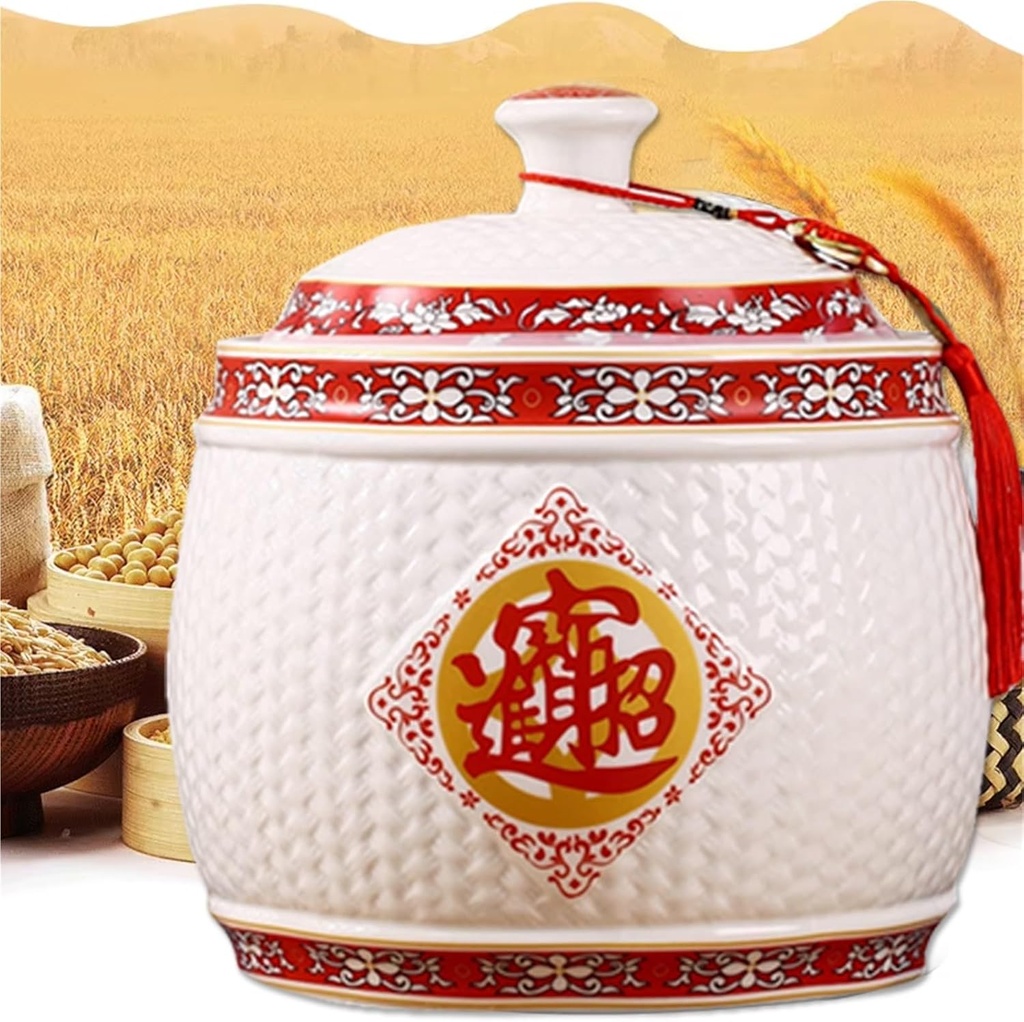 Ceramic Rice Dispenser Grain & Rice Storage Ceramic Container Large Food Storage Container Food Dispenser for Grains Candy Coffee Beans Rice Flour Pet(Red-F,4kg)