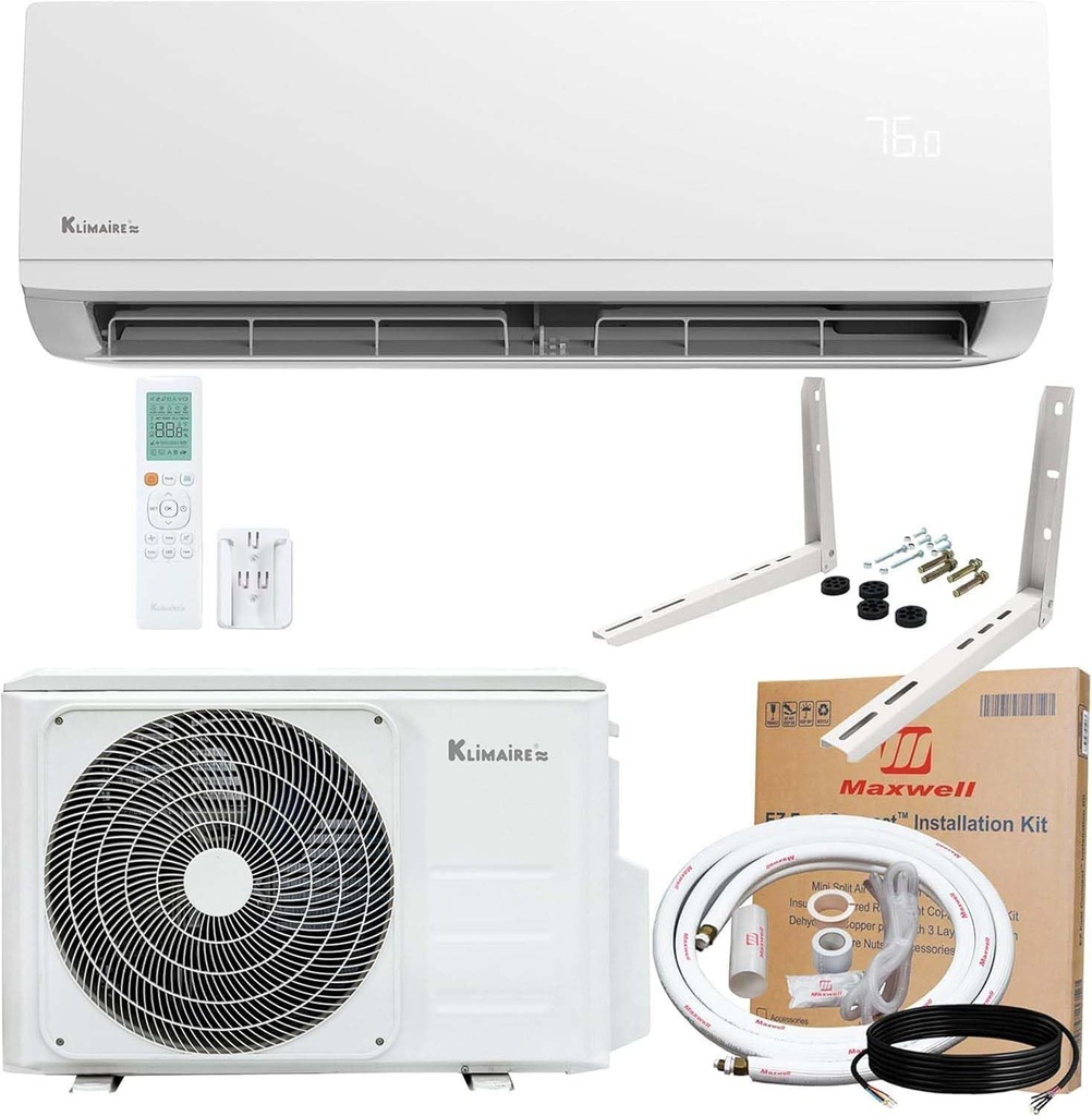 KLIMAIRE 18,000 BTU 22 SEER2 Hyper Heat Ductless Mini Split A/C Inverter Heat Pump System w/Maxwell 16'ft Installation Kit and Wall Mounting Bracket 230V