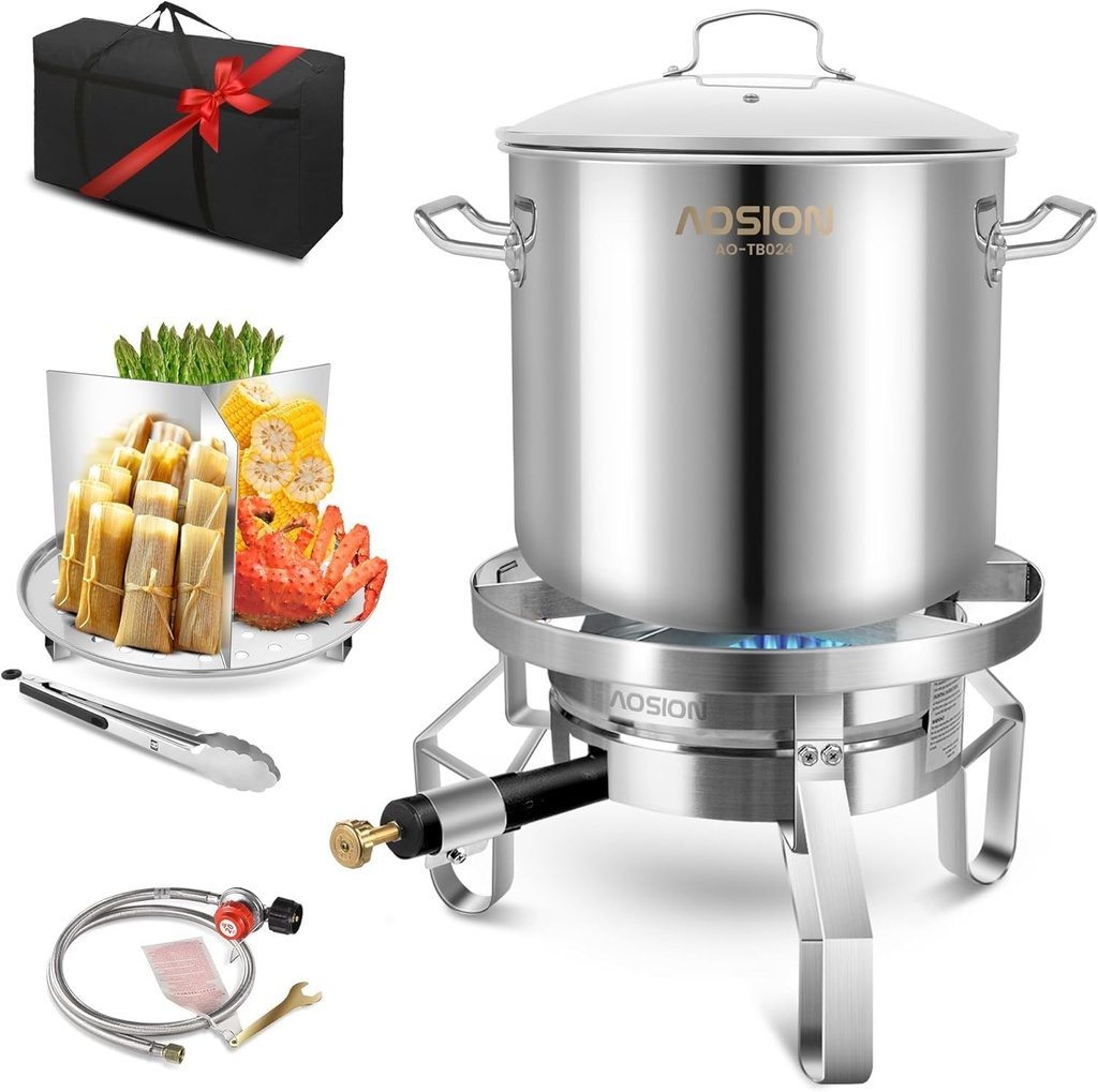 AOSION 24QT Stainless Steel Steamer Pot With 100,000/BTU Heavy Duty Propane Burner For Outdoor Cooking Fryer, Seafood Tamale Large Pot, Divider and Steamer Rack, Food Tong