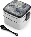 Bird Pattern Bento Box for Adults Double Layer Lunch Box with Spoon And Invisible Handle Microwave Dishwasher Safe Leak Proof Meal Prep Lunch Containers for Office Picnic
