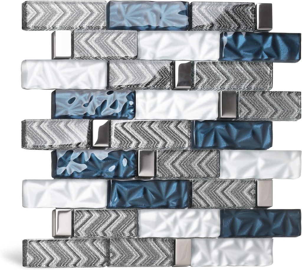 Blujellyfish Glass Tiles Backsplash Subway Blue Mosaic Tile for Kitchen Bathroom Walls (Pack of 5 Sheets)