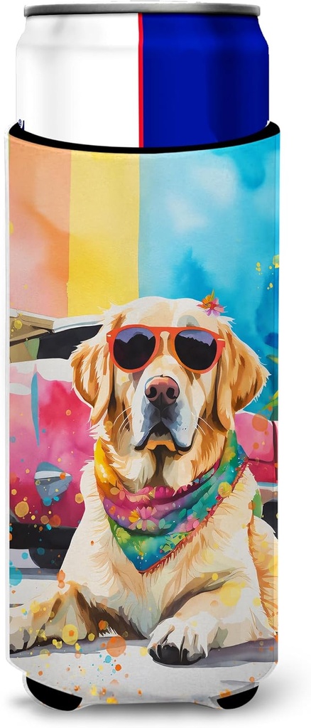 Caroline's Treasures Yellow Labrador Hippie Dawg Hugger for Ultra Slim Cans Can Cooler Sleeve Hugger Machine Washable Drink Sleeve Hugger Collapsible Insulator Beverage Insulated Holder
