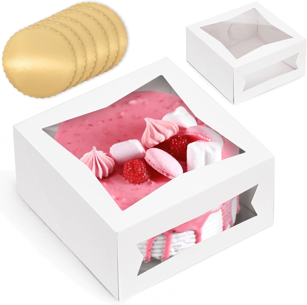 Fit Meal Prep [25 Sets White Cake Boxes with Window and Gold Board 8x8x4 Bakery Containers for Dessert, Cookies, and Pastry Gift Treat Box for Packaging Auto-Popup Cake Carrier for Christmas