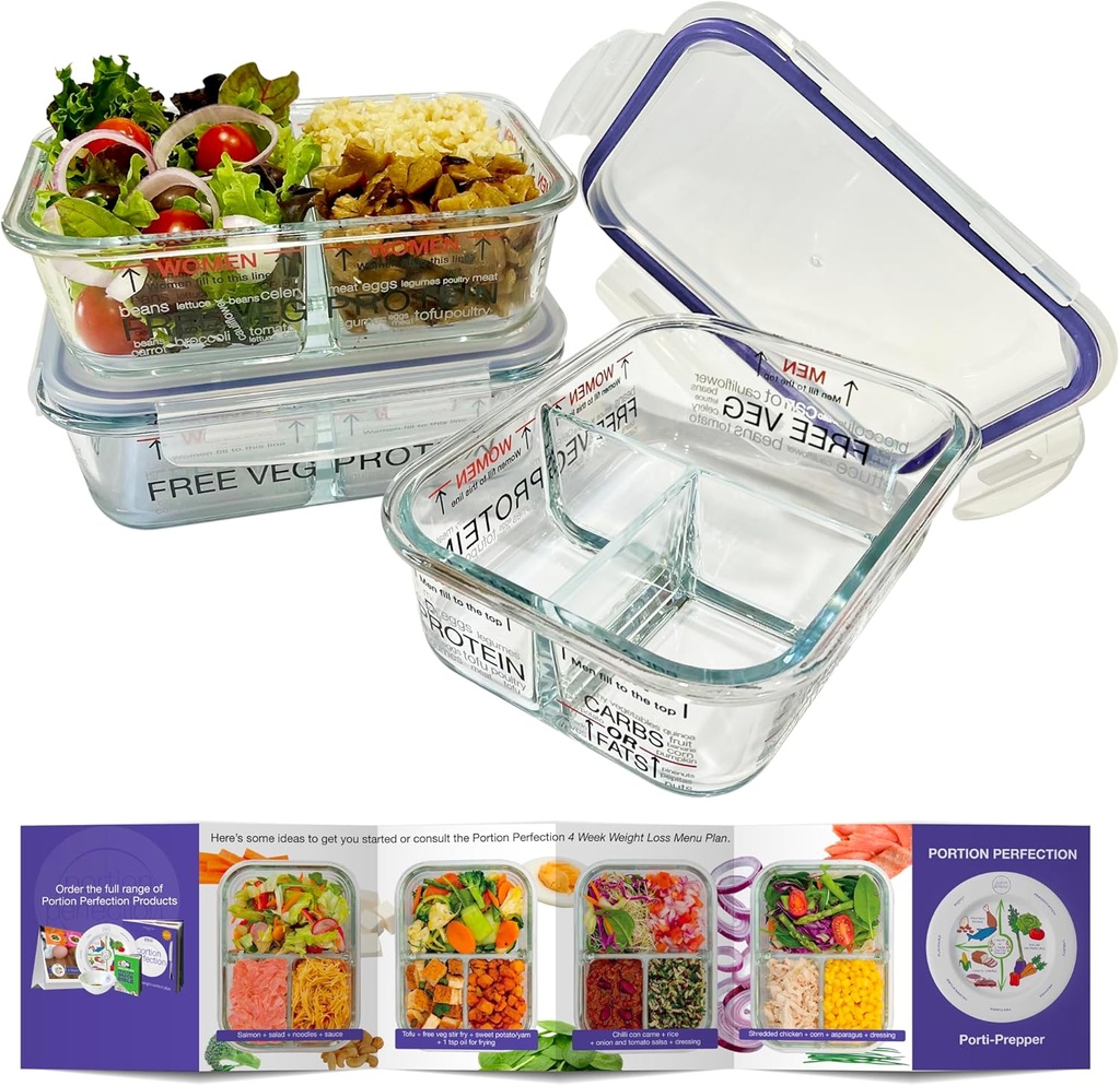 Portion Perfection Portion Control Containers - Glass Oven Ready, Freezer Safe Meal Prep Containers Reusable for Food 3pk, 3 Compartment with Lids, Practical Weight Control Products