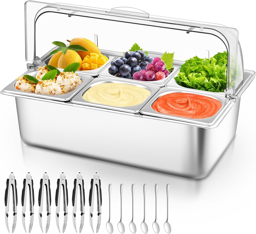 Countertop Food Serving Display Container with Clear Roll Top Cover, Stainless Steel Salad Serving Tray Condiment Dispenser Ice Food Serving Display Tray for Buffet Restaurant Kitchen Party(6 Pan)