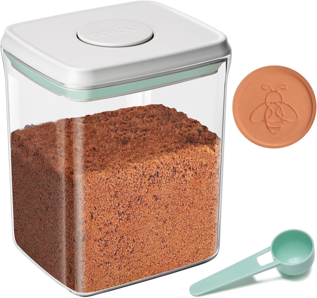 POP Airtight Brown-Sugar Keeper-Container - 2.2Qt(67Oz/2L) Clear Jar | 1/2 Tablespoon Scoop | Brown Sugar Saver | Stackable One-Touch Opening