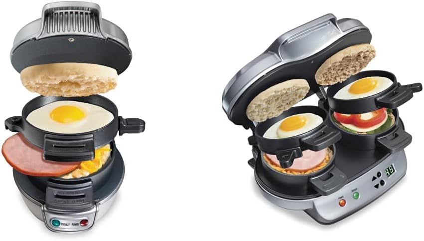 Hamilton Beach Breakfast Sandwich Maker with Egg Cooker Ring, Customize Ingredients, Perfect for English Muffins, Croissants, Mini Waffles, Single & Dual Breakfast Sandwich Maker, Silver