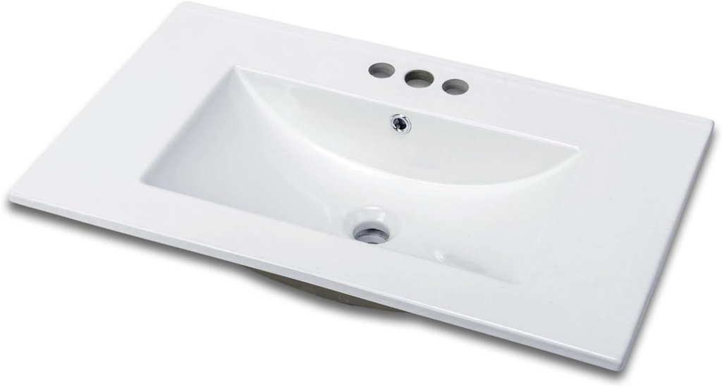VINGLI 30 In Vanity Top Sink, 3 Pre-Drilled Standard 1 3/8" Faucet Holes,1 3/4" Diameter of Center Hole,Modern Rectangular Ceramic Single Sink Basin Vanity Top, 30" W x 18 1/3" D x 6 1/2" H,White