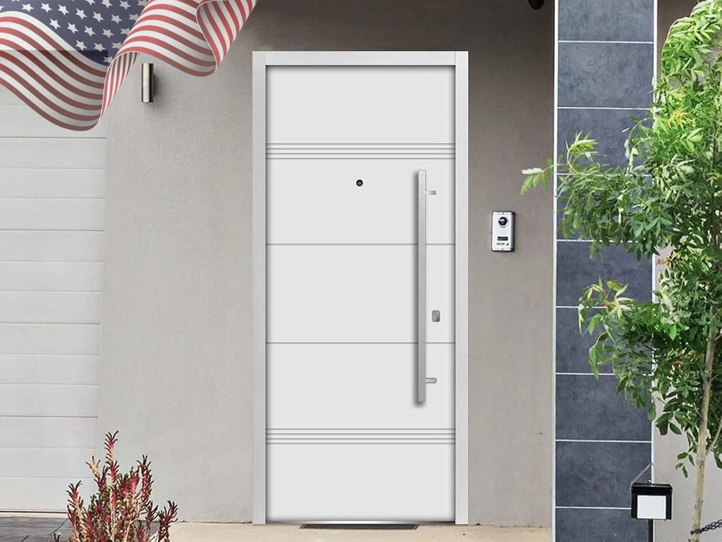 VDOMDOORS Front Exterior Prehung Steel Door 36 x 80 inches Left-Hand/Deux 1705 White Enamel/Horizontal Lines Single Modern Painted