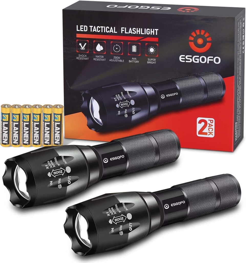 Esgofo LED Flashlights 2 Pack Bright Powerful EDC Handheld Flash Lights, High Lumens Pocket Linterna, 5 Modes, Waterproof, for Gift Survival Emergency Camping