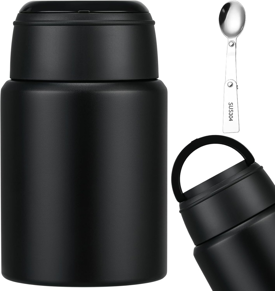 17oz Soup Thermo for Hot Food Kids Insulated Food Jar,Thermo Hot Food Lunch Container, Width Mouth Stainless Steel Lunch Box for Kids with Handle Folding Spoon(Black-Pure)