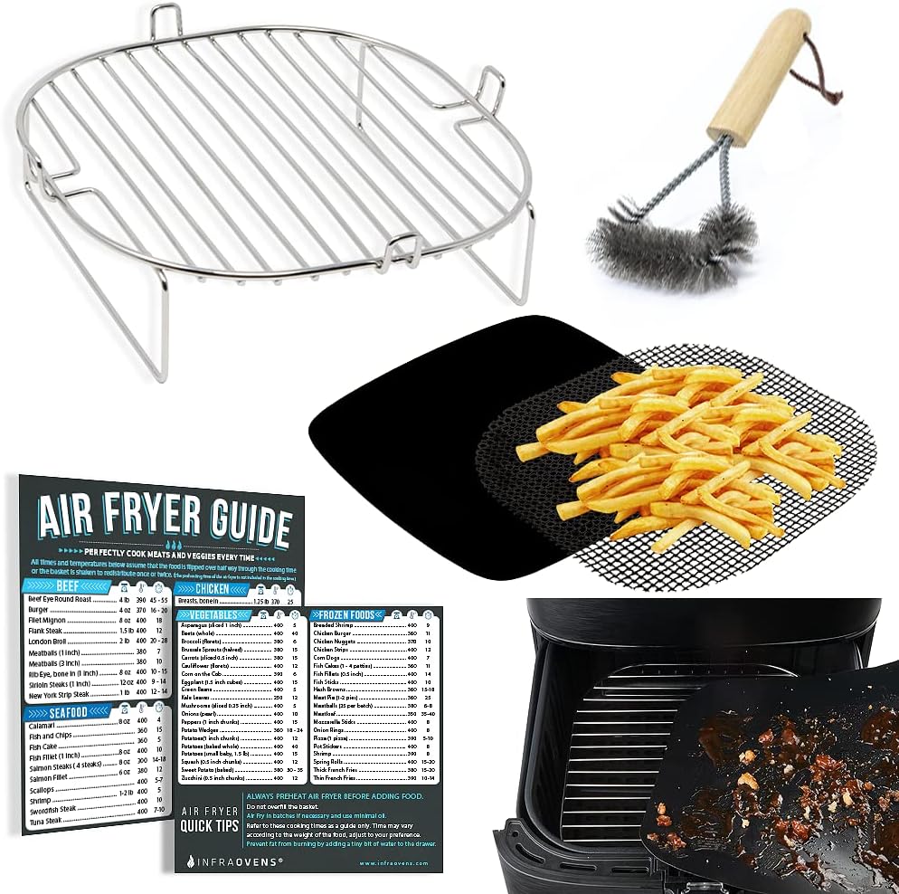 Air Fryer Accessories Set with Stainless Steel Rack and Wire Brush, Air Frying Cheat Sheet Guides, Reusable Liners, Compatible with Chefman, GoWise, Nuwave®, Insignia, Kalorik, Gourmia and More