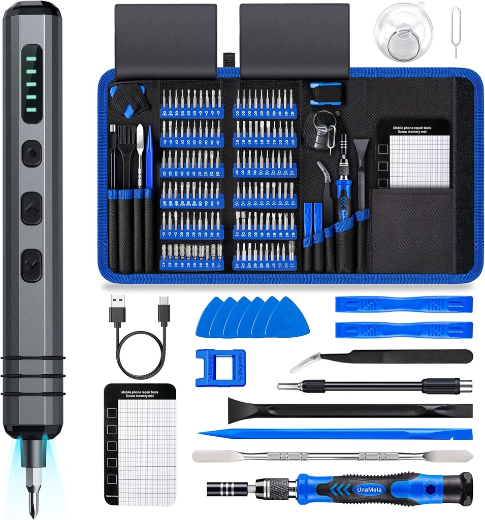 Mini Electric Screwdriver Set 140-IN-1: UnaMela Small Electric Screwdriver Cordless - 120 Precision Bits, 5 Torque Settings, LED Light, Magnetic Power Screwdriver Repair Tool Kit for PC RC Electronics