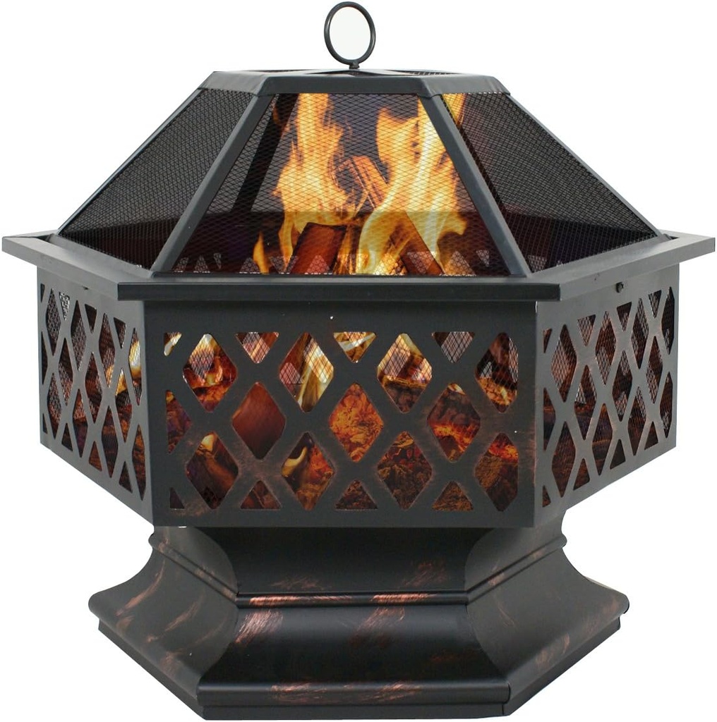 Nouva 24 in Wood Burning Fire Pit - Heavy Duty Hex Shaped Outdoor Firepit with Spark Screen, Safety Ring, Poker, Hexagon Fire Bowl Fireplace for Patio Campfire Bonfire Backyard Picnic