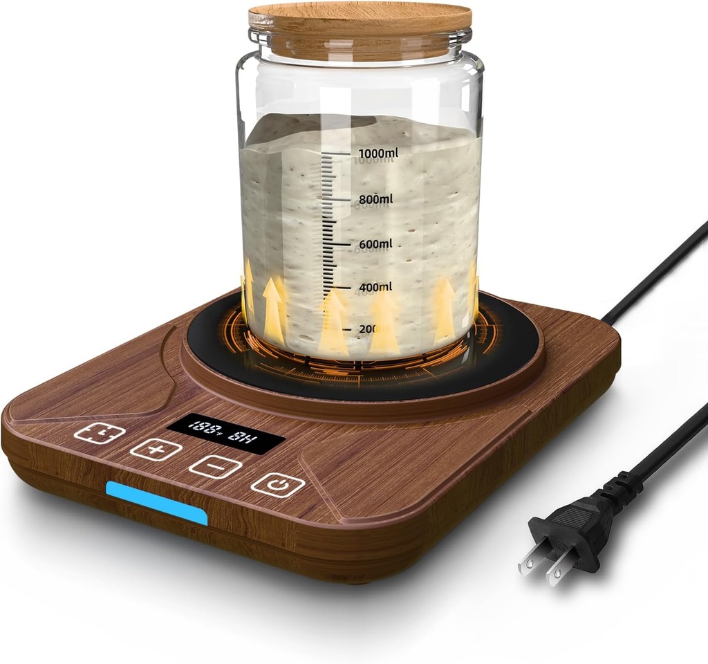Sourdough Starter Warmer Mat - 24H Timer - Precise 1°F Thermostat Control (70-100°F) - Smart Memory Warming On/Off - Fits Jars Up to 40oz - Perfect for Home Baking (Brown)