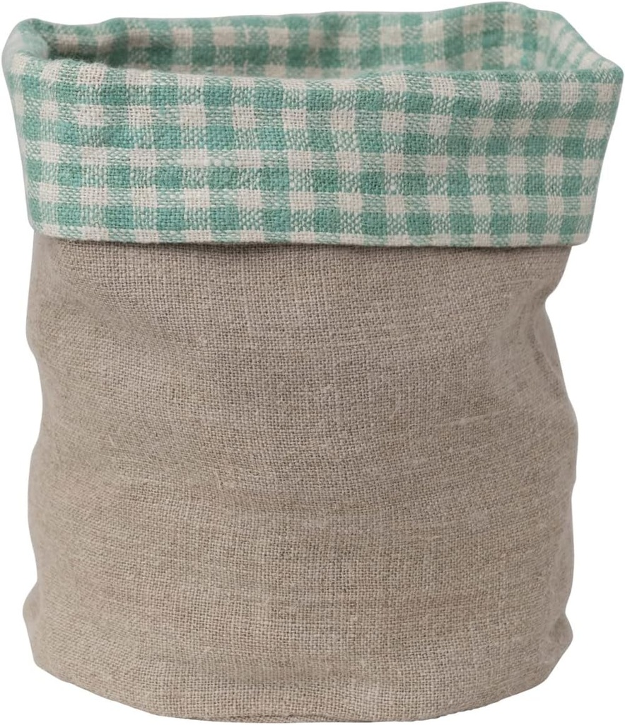 Creative Co-Op Handwoven Linen Bread Basket with Gingham Lining, Aqua and Natural