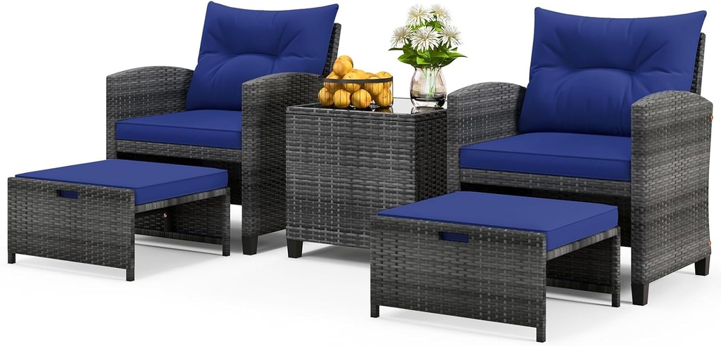 ORALNER 5 Pieces Patio Furniture Set with Ottoman, Wicker Conversation Set w/Cushions, Glass Coffee Table, Outdoor Lounger Rattan Chairs Bistro Set for Porch Balcony Garden Deck Poolside (Navy)