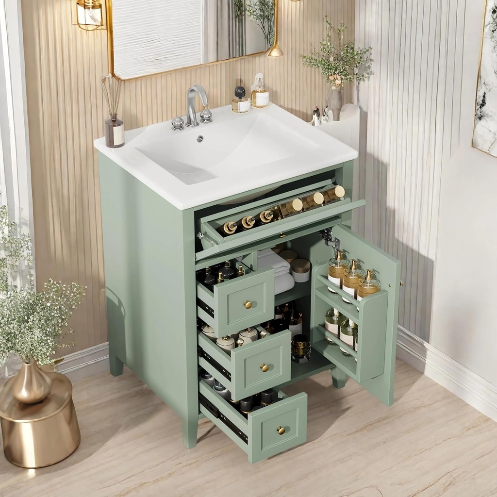 LUMISOL 24 Inch Bathroom Vanity with Sink, Small Bathroom Storage Cabinet with Tip-Out Drawer, Storage Racks & Adjustable Shelf, Solid Wood Bathroom Vanity with Ceramic Sink Top, Green