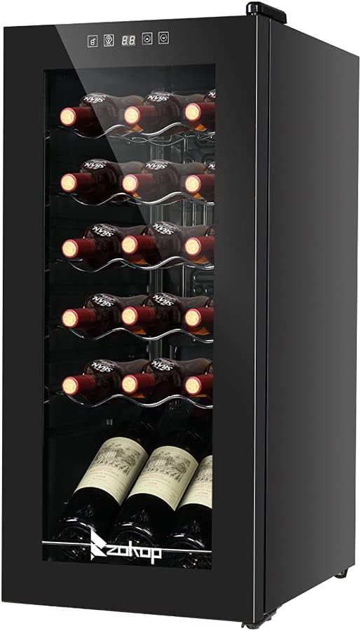 Wine Cooler Refrigerator, Freestanding or Built-In Wine Fridge Chiller with Tempered Glass Door, Electronic Wine Cellar Cooler Red, White or Champagne, with Temperature Control &LED Display (18 Bottle)