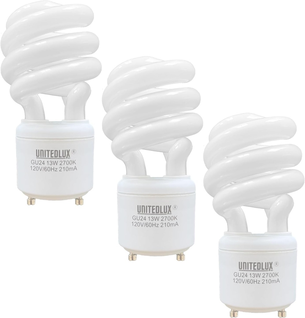 13Watt T2 Spiral CFL GU24 2 Prong Light Bulb Base 2700K 900lm 120v 60Hz Light Bulb- Mini Twist Lock Spiral -Self Ballasted Compact Fluorescent Soft White Pack of 3