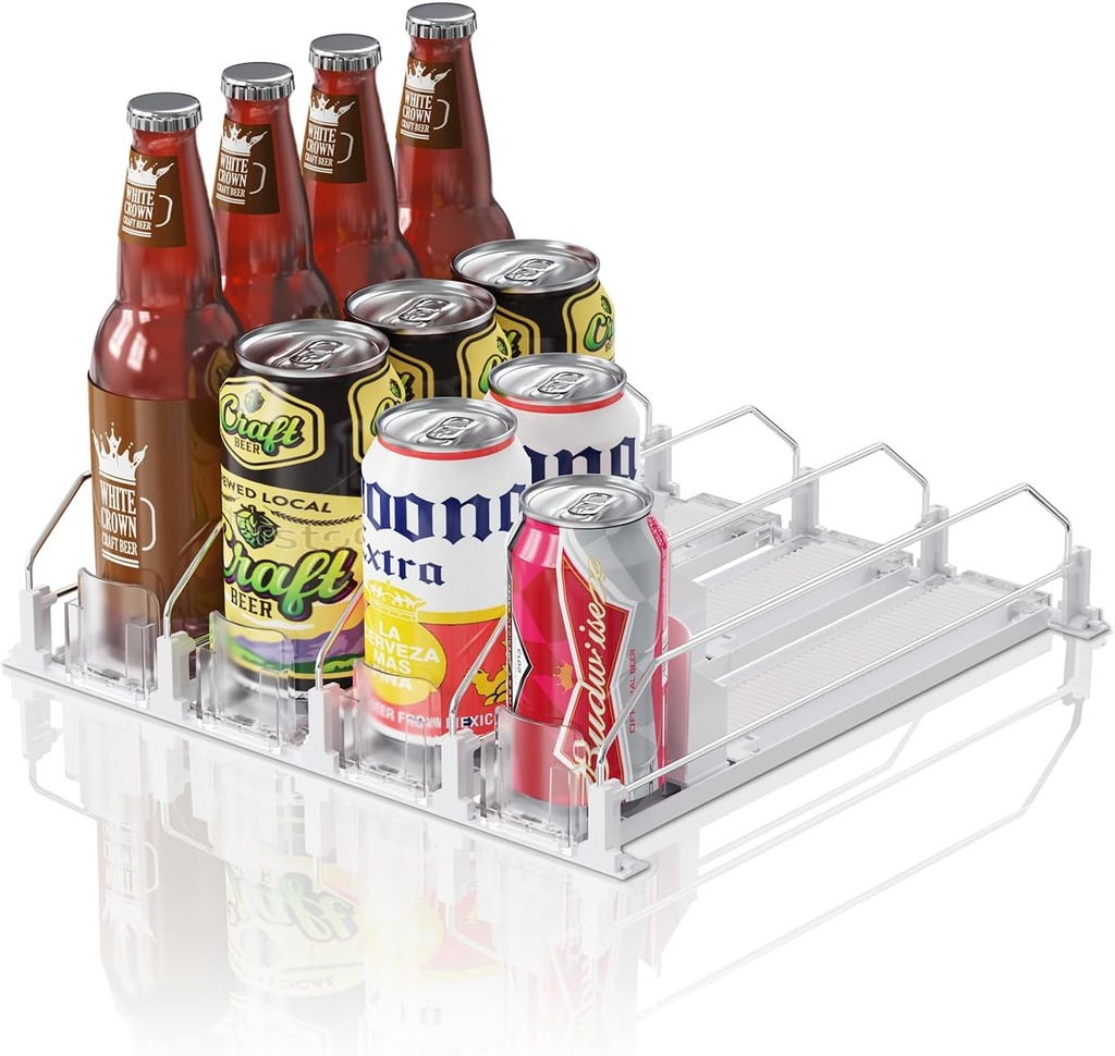 Drink Organizer for Mini Fridge,12oz 16oz 20oz - Soda Can Dispenser for Refrigerator,Width Adjustable,Automatic Pusher Glide (White (Mini 12.2"D), 12.2"D 4ROW, Holds 16 Cans)