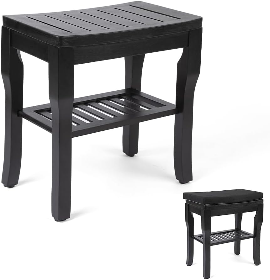 StrongTek Bamboo Shower Bench Seat with Cushion, Shower Stool with Storage Shelf, Lightweight, Non-Slip, Quick-Drain Design, 350 lbs Capacity, Ideal for Bathroom, Spa, Sauna, Living Room