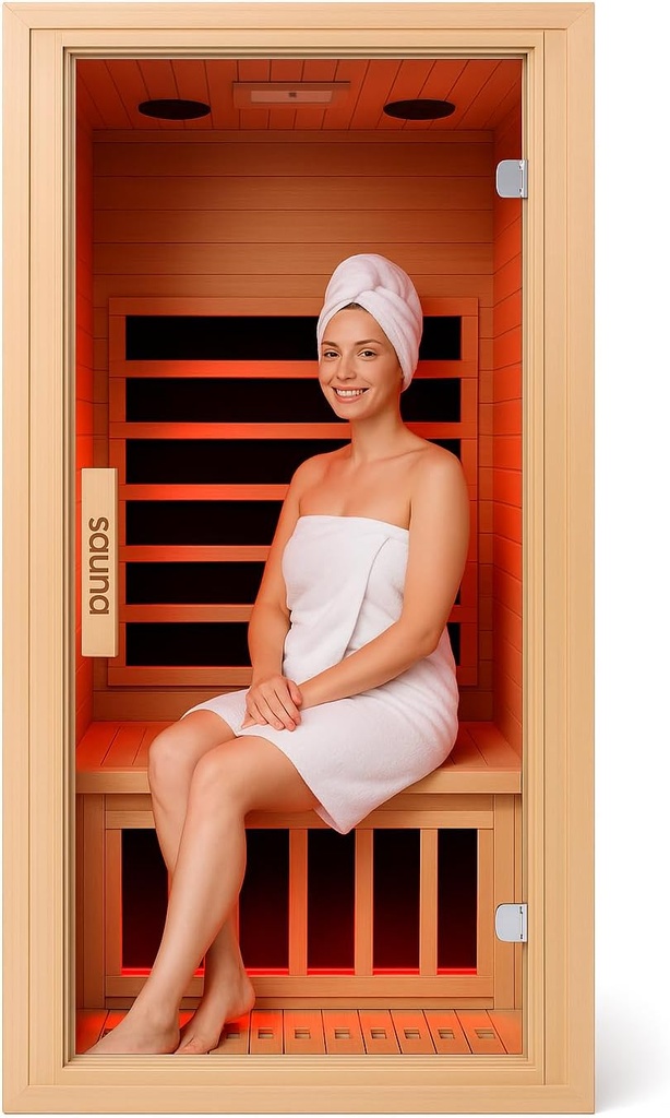 Infrared Home Sauna Room 1 Person Hemlock Wooden Indoor Dry Sauna，Low EMF 1200W/110V Heaters Panels,LCD Control Panel,10 Minutes Pre-Warm up,Time and Temp Pre-Set,1-Year Aftersale