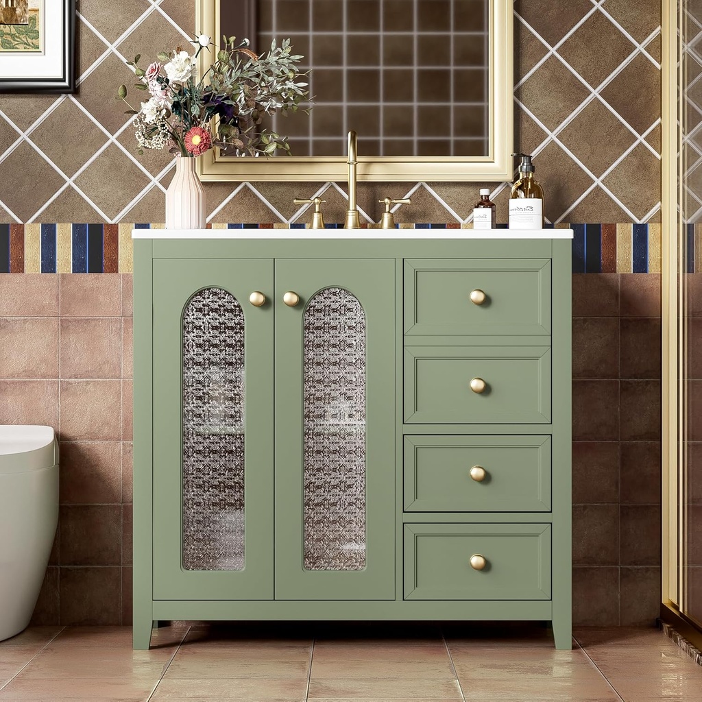 36 Inch Bathroom Vanity with Ceramic Sink Set, Classic Bathroom Storage Cabinet with 2 Classic Soft-Close Glass Door , Solid Wood Pedestal Sink Adjustable Shelves and Three Soft Close Drawers (Green)