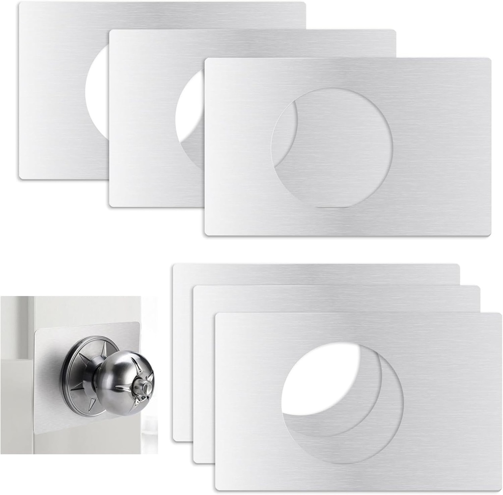 6 Pieces Rectangular Door Reinforcement Plate Stainless Steel, Handle Fixing Cover Door Knob Plate Scar Filler Repair, Thick Deadbolt Lock Hole Cover with Adhesive Tapes (6, Silver)