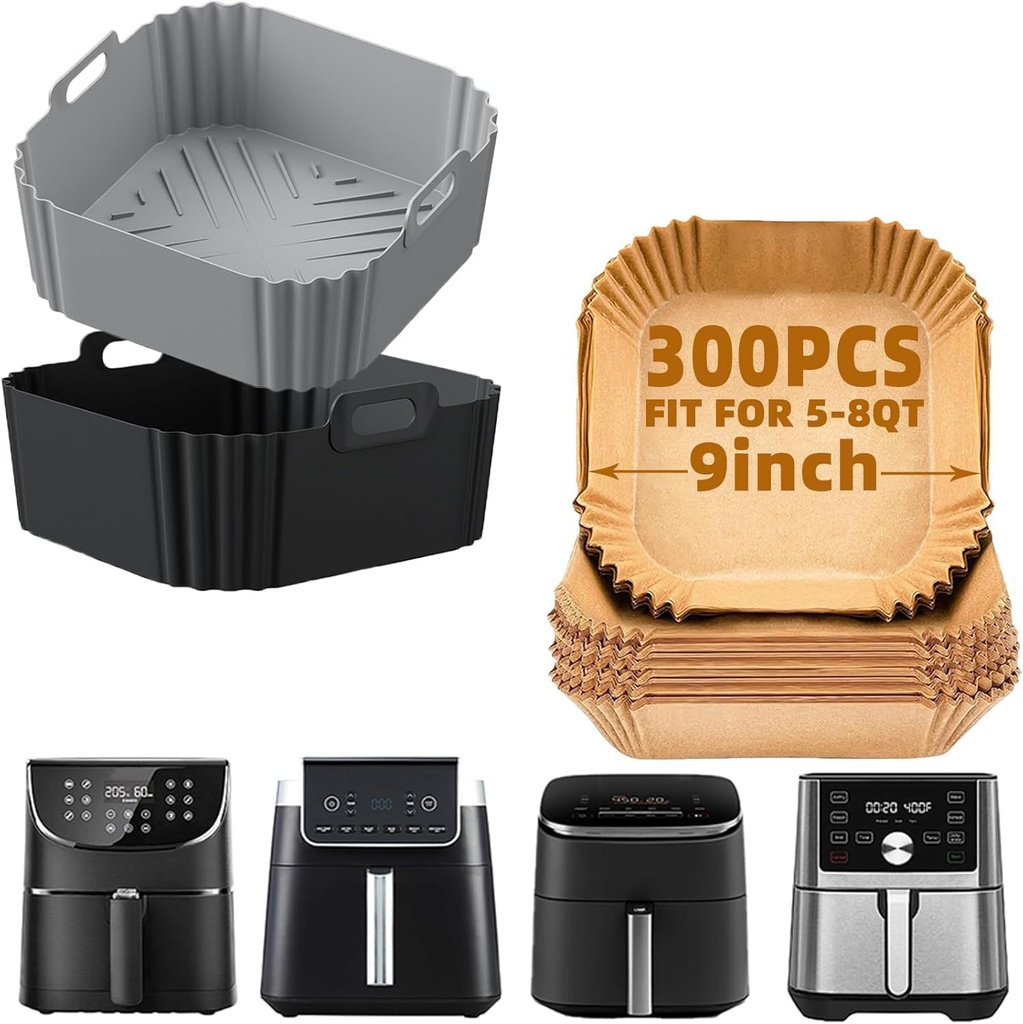 2Pcs Silicone Air Fryer Liners and 300Pcs Air Fryer Paper Liners for Ninja/Cosori/Chefman/Instant Pot/Beelicious/Cuisinart/Paris Hilton/NutriChef/Simple Deluxe/deime/Kitchen Elite/Nuwave,Other 5-8QT