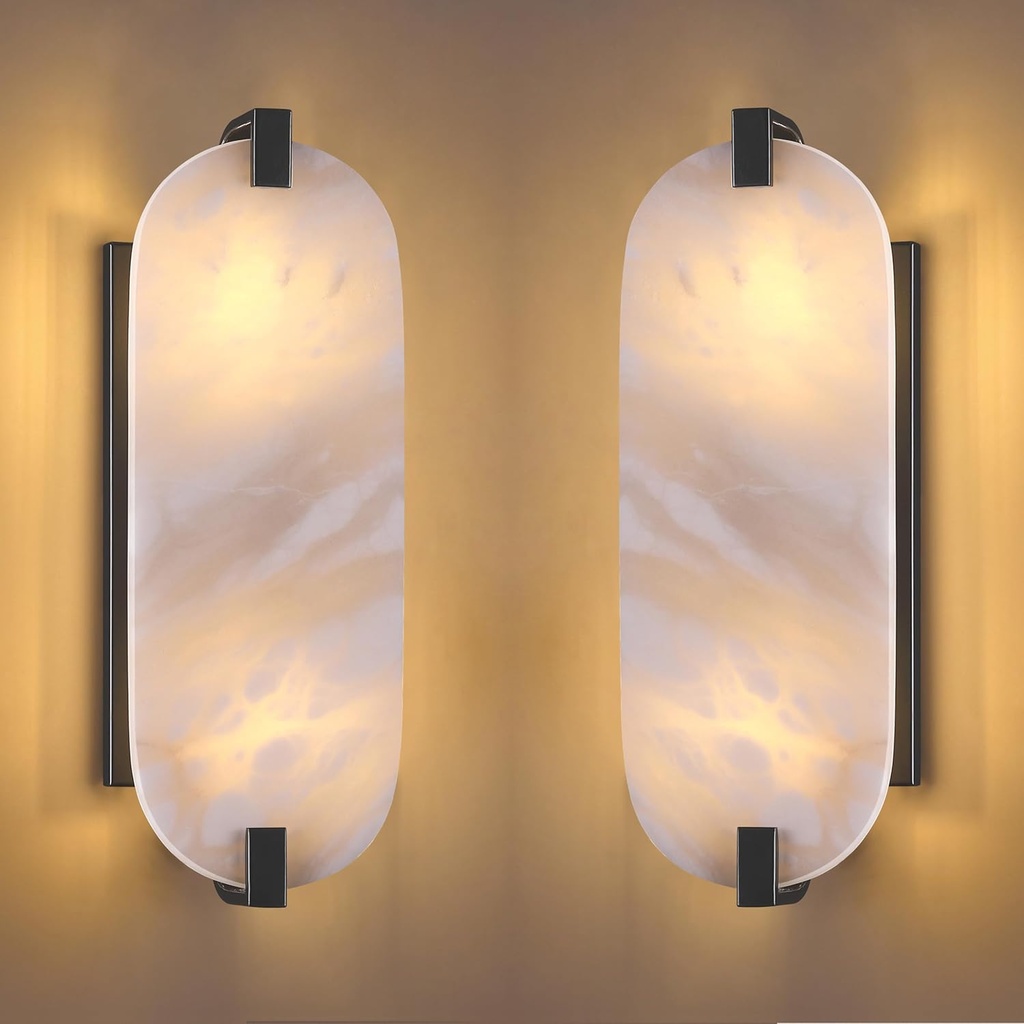 2 Light Oval 14.7" Alabaster Marble Bathroom Wall Sconce Modern Concise Style Wall Light Fixture,Dark Gray Finish for Bedroom Hallway Bedside